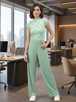 KOTTY - Green Solid Viscose Wide Pant