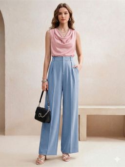 KOTTY - Blue Solid Viscose Rayon Wide Pant