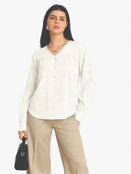 Strong And Brave - Cream Solid Polyester Regular Top