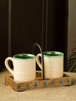 ExclusiveLane - Jade Translucence' Studio Pottery Coffee & Tea Cups with Tray (Set of 2, 190 ML)