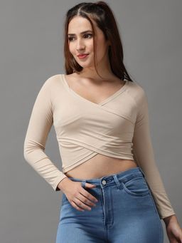 SHOWOFFFF - Womens V-neck Beige Wrap Regular Top