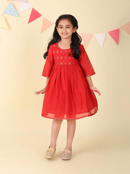 Fabindia - Red Cotton Silk Woven Dress