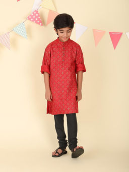Fabindia - Red Viscose Silk Hand Block Printed Long Kurta