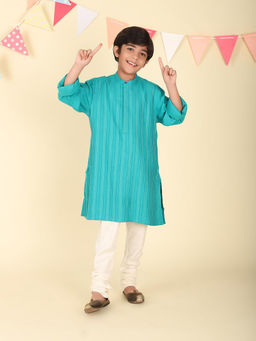 Fabindia - Blue Viscose Silk Woven Long Kurta