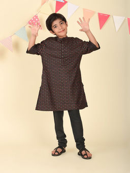 Fabindia - Black Viscose Silk Hand Block Printed Long Kurta