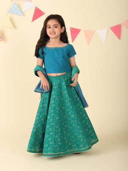 Fabindia - Green Cotton Hand Block Printed Choli and Lehenga & Dupatta (Set of 3)