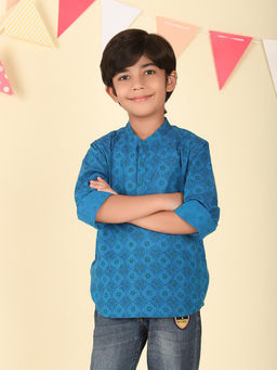 Fabindia - Navy Cotton Hand Block Printed Short Kurta