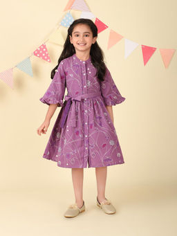 Fabindia - Purple Cotton Linen Printed Dress (Set of 2)