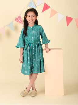 Fabindia - Teal Cotton Linen Printed Dress (Set of 2)