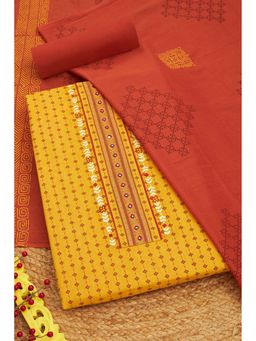 Soch - Women Mustard Cotton Mirror Work Unstitched Kurta and Bottom with Dupatta (Set of 3)