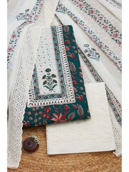 Soch - Women Green Cotton Mirror Work Unstitched Kurta and Bottom with Dupatta (Set of 3)