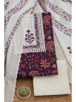 Soch - Women Purple Cotton Mirror Work Unstitched Kurta and Bottom with Dupatta (Set of 3)