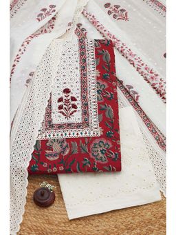 Soch - Women Maroon Cotton Mirror Work Unstitched Kurta and Bottom with Dupatta (Set of 3)