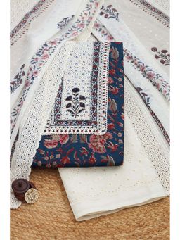 Soch - Women Navy Blue Cotton Mirror Work Unstitched Kurta and Bottom with Dupatta (Set of 3)