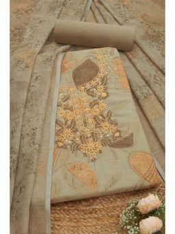 Soch - Women Beige Linen Embellished Unstitched Kurta and Bottom with Dupatta (Set of 3)