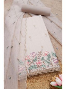 Soch - Women Beige Cotton Blend Thread Work Unstitched Kurta and Bottom with Dupatta (Set of 3)