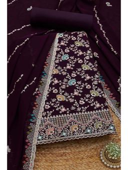 Soch - Women Wine Georgette Embellished Unstitched Kurta and Bottom with Dupatta (Set of 3)