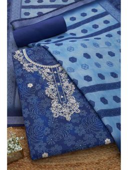 Soch - Women Indigo Linen Thread Work Unstitched Kurta and Bottom with Dupatta (Set of 3)