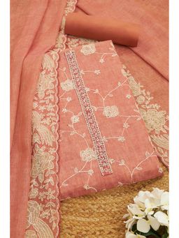Soch - Women Peach Linen Embellished Unstitched Kurta and Bottom with Dupatta (Set of 3)