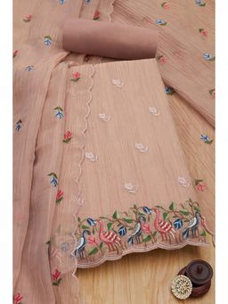 Soch - Women Brown Cotton Blend Thread Work Unstitched Kurta and Bottom with Dupatta (Set of 3)