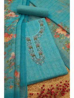Soch - Women Blue Linen Embellished Unstitched Kurta and Bottom with Dupatta (Set of 3)