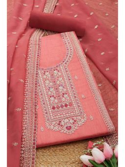 Soch - Women Coral Chiffon Beads and Stones Unstitched Kurta and Bottom with Dupatta (Set of 3)