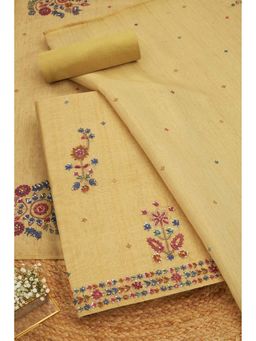 Soch - Women Mustard Linen Embellished Unstitched Kurta and Bottom with Dupatta (Set of 3)