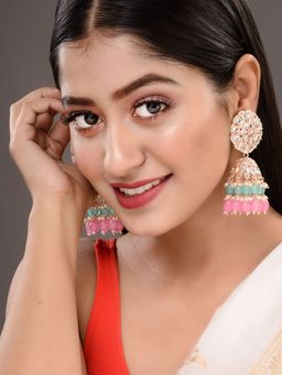 Saraf RS Jewellery - Gold Plated Mint and Pink Kundan Studded Beaded Jhumka Earrings