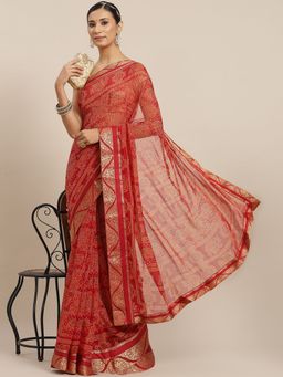 ISHIN - Womens Georgette Maroon Bandhani Printed Lace Saree with Unstitched Blouse