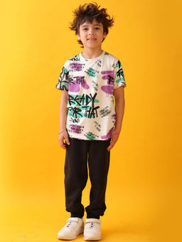 ANTHRILO - White Printed Comfortable Fit T-Shirt and Joggers (Set of 2)