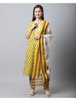 Rajnandini - Pure Cambric Cotton Jaipuri Printed Straight Kurta With Dupatta - Yellow (Set of 3)