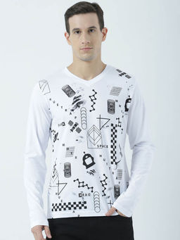 Huetrap - Mens White Full Sleeves V Neck T-shirt