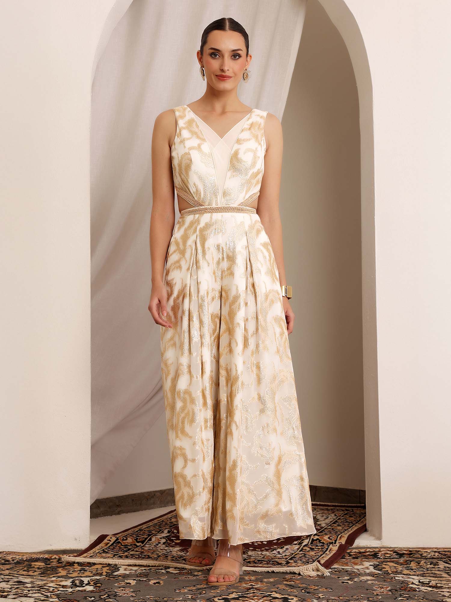 miss chase Luxe Women's Off White V-Neck Sleeveless Pleated Georgette Jumpsuit-picture-16