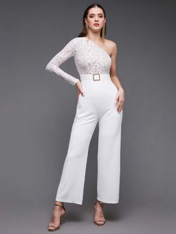 Miss Chase - Women's White One-Shoulder Polyester Lace-Overlaid Slim Fit Jumpsuit