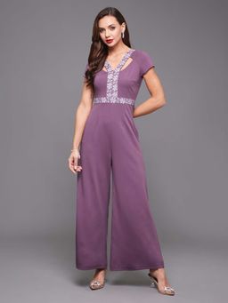 Miss Chase - Women's Dark Lavender Raglan Sleeve Embellished Polyester Solid Jumpsuit