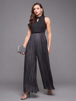 Miss Chase - Women's Black Halter Neck Sleeveless Striped Pleated Georgette Jumpsuit