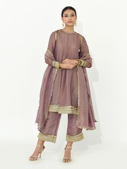 RISHI & VIBHUTI - Mauve Twilight Anarkali with Pant and Dupatta (Set of 3)