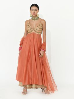 RISHI & VIBHUTI - Coral Sunrise Anarkali with Pant and Dupatta (Set of 3)