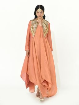 RISHI & VIBHUTI - Coral Apricot Jacket with Dress (Set of 2)