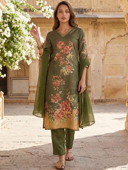 Vaamsi - Women Olive Cotton Blend Floral Printed Straight Suit (Set of 3)