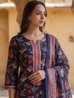 Vaamsi - Women Navy Blue Rayon Blend Floral Printed Straight Kurta Pant & Dupatta (Set of 3)