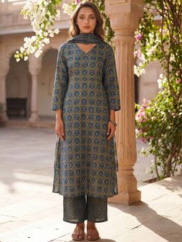 Vaamsi - Women Olive Printed Kurta with Palazzo and Dupatta (Set of 3)