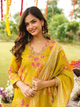 Vaamsi - Yellow Floral Embroidered Straight Kurta with Pant and Dupatta
