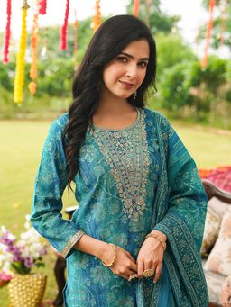 Vaamsi - Blue Embroidered Straight Kurta with Pant and Dupatta