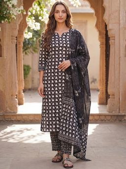 Vaamsi - Black Printed Straight Kurta with Pant and Dupatta