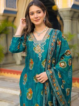 Vaamsi - Women Teal Viscose Embroidered Straight Kurta With Pant & Dupatta