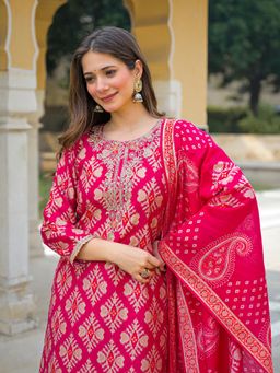 Vaamsi - Women Pink Viscose Ikat Embroidered Straight Kurta With Pant & Dupatta
