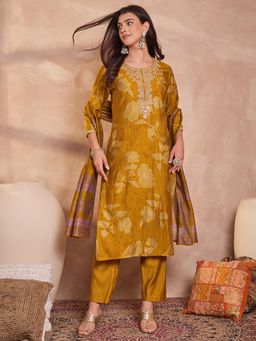 Vaamsi - Women Mustard Silk Blend Floral Printed Straight Kurta Pant With Dupatta