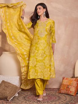 Vaamsi - Women Yellow Floral Printed Straight Kurta Pant With Dupatta
