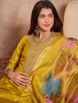 Vaamsi - Women Yellow Embroidered Straight Kurta Pant With Dupatta